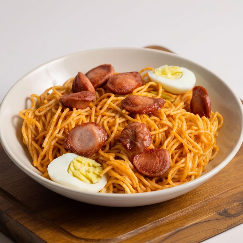 Spaghetti with sliced hotdogs and hard-boiled egg halves in a white bowl on a wooden tray.