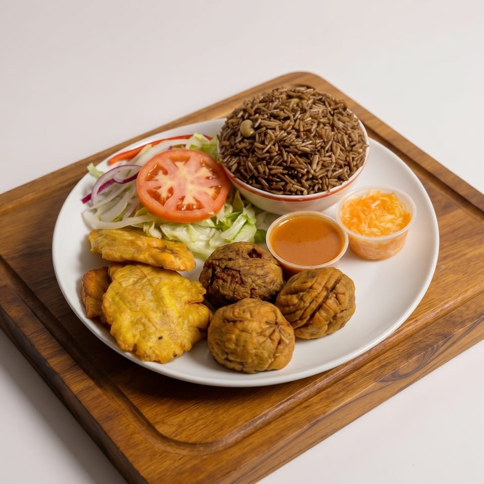 A plate of rice, salad, fried plantains, and meat croquettes with two dipping sauces on a wooden board.