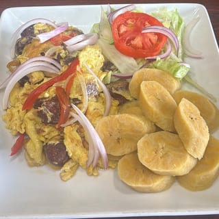 Boiled Plantain Fried Eggs Sausage Or Hot Dog